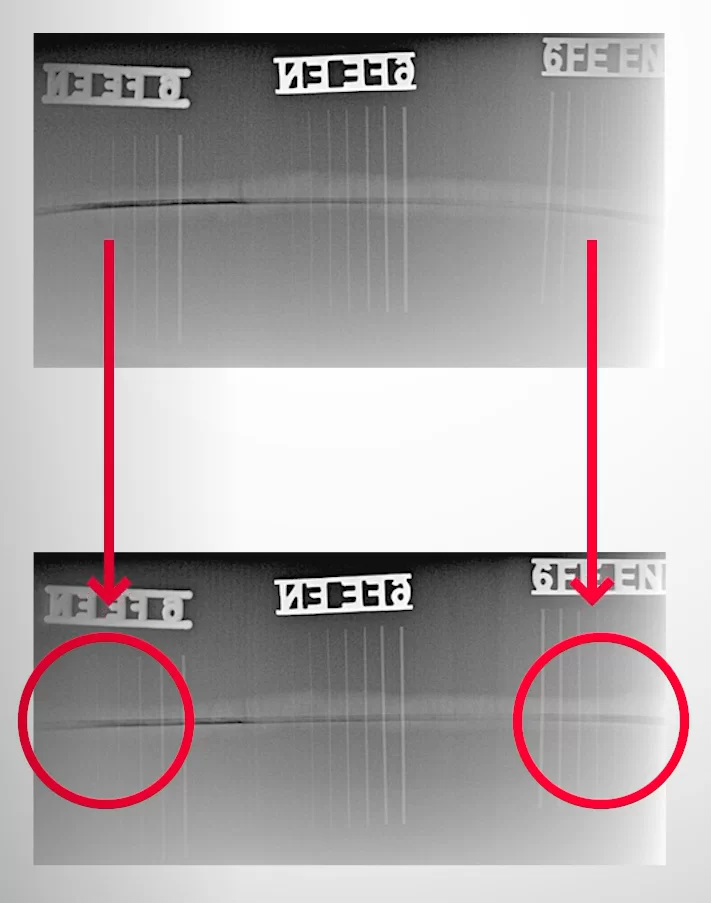 Снимок цилиндрического объекта на жесткий (сверху) и гибкий (снизу) детекторы